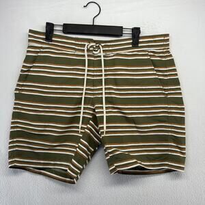 Uniqlo Swim Trunks Men's medium Green Orange Striped Pockets Lined Surf 8 inch